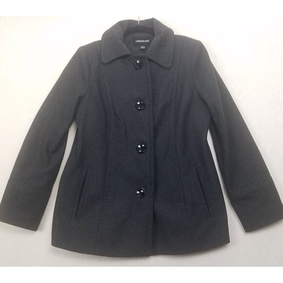 London Fog Charcoal Gray 4 Button Up Wool blend Pea Coat Jacket Women M lined - Picture 2 of 13